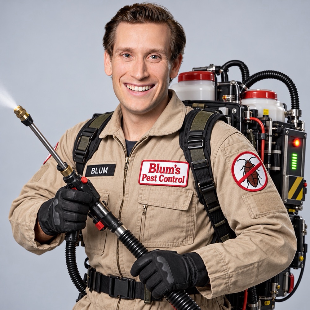 Blum, grinning in a tan jumpsuit with a Blum's Pest Control patch, holding a spray wand connected to a very serious backpack sprayer.