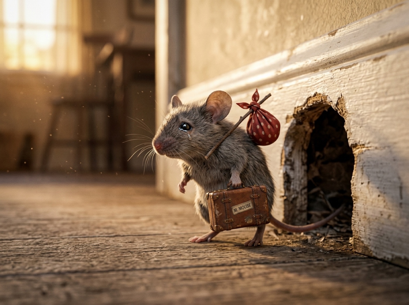 A tearful grey mouse carrying a tiny suitcase and a polka-dot bindle, walking away from a mouse hole in a baseboard at sunrise.