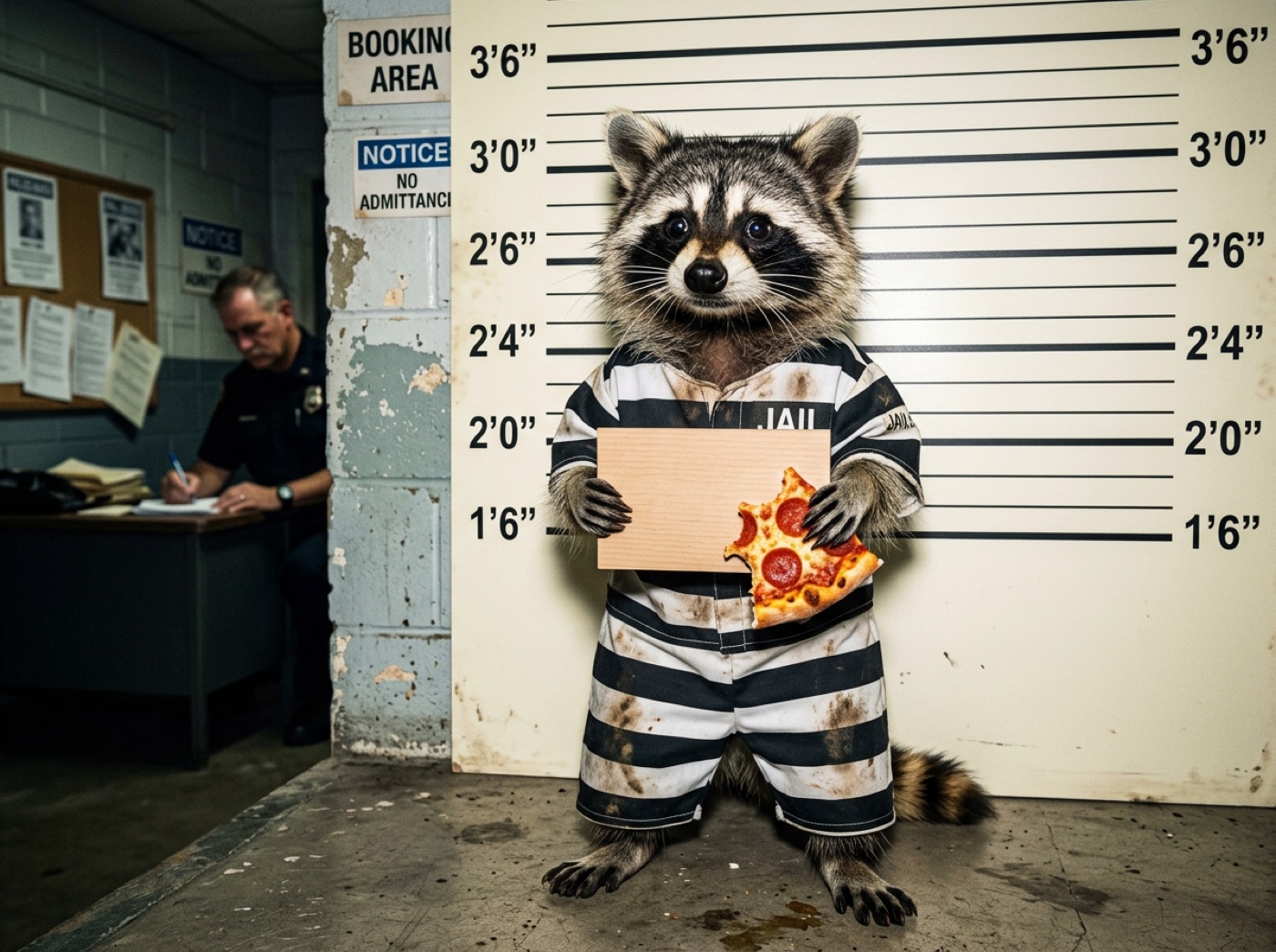 A raccoon in a striped prison uniform posing for a booking photo in front of a height chart, holding a slice of pepperoni pizza.