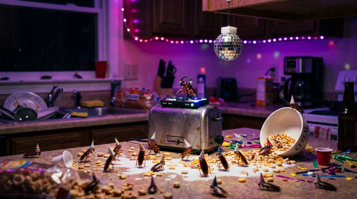 A late-night kitchen where cockroaches in tiny party hats dance around spilled cereal while one roach DJs on top of a toaster under a sugar-cube disco ball.