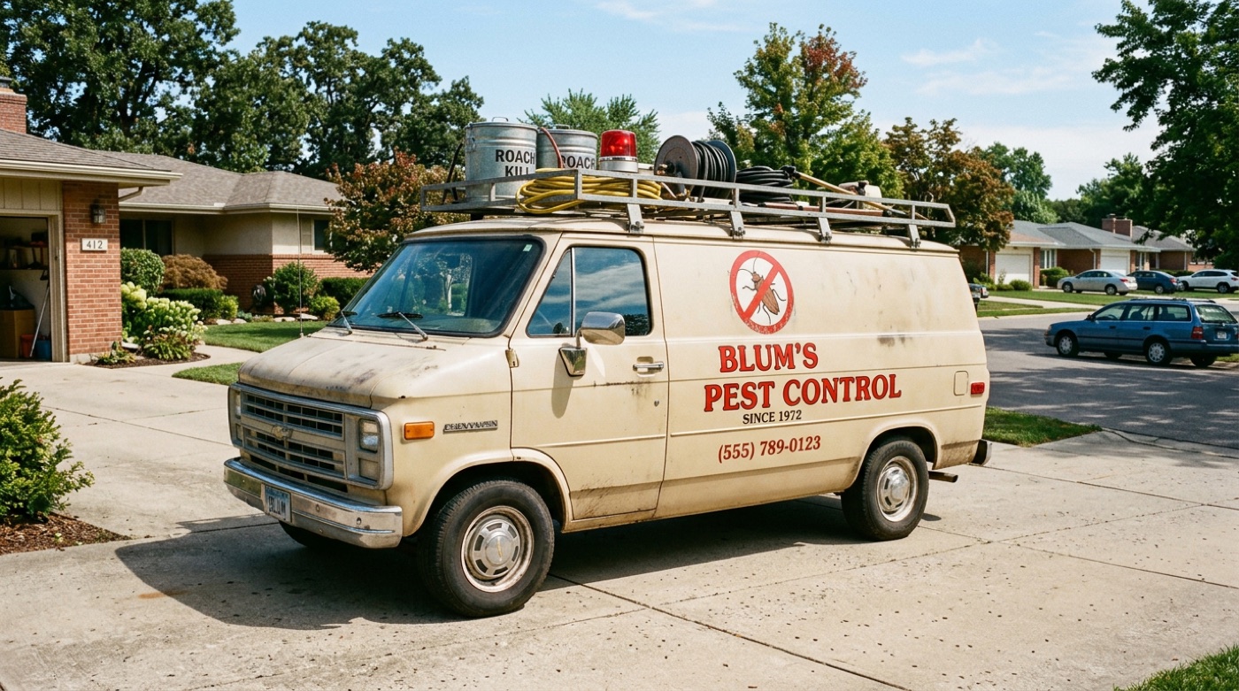 A dusty beige 1970s van with a roof rack of spray tanks and a red siren light, painted with a no-cockroach emblem and the words Blum's Pest Control.